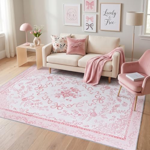 5x8 Pink Rug for Bedroom Girls Room, White and Light Pink Nursery Rug, Washable Bow Decor Flower Botancial Scalloped Cute Carpet for Kids Room - Image 4
