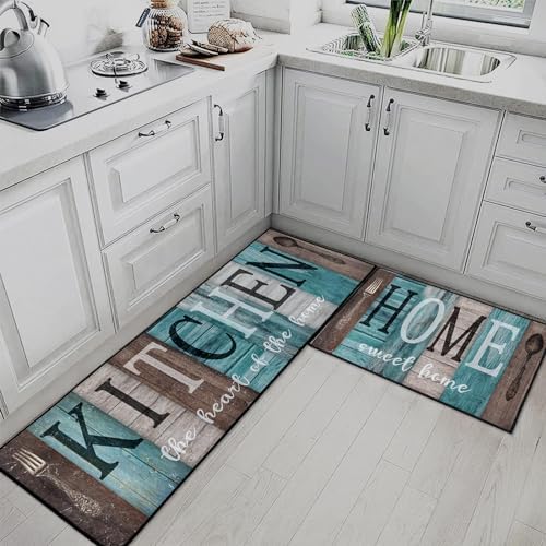 Teal Kitchen Rugs Set of 2 Non Slip Washable Farmhouse Turquoise - Image 2