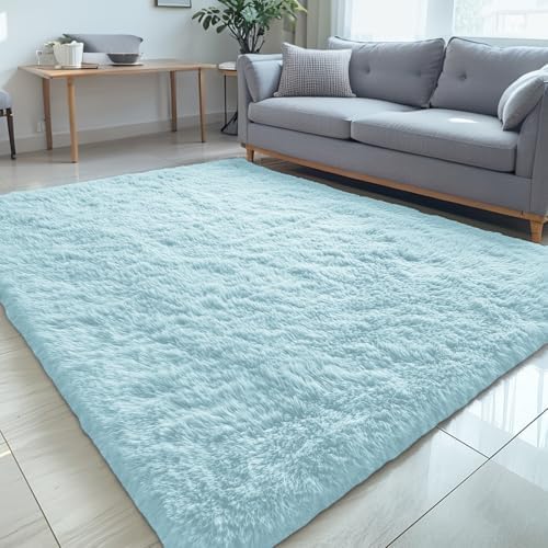 OLANLY 5x7 Machine Washable Large Area Rugs for Living Room, Bedroom, Soft Fluffy Shaggy Bedside Rug, Indoor Floor Carpet for Kids Girls and Boys, Dorms, Nursery, Home Decor Aesthetic, Light Bluey by OLANLY