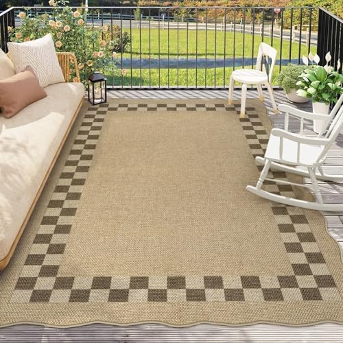 LIVEBOX Scalloped Easy Jute Checkered 8x10 Outdoor Rug, Washable Farmhouse Tan Rugs for Living Room Bedroom, Geometric Indoor Outdoor Non Slip Rug Dining Room Mat Carpet for Patio Backyard Home Decor - Image 2
