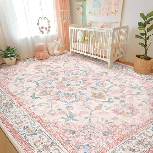 CAPALOCA 8x10 Washable Nursery Girls Low Pile Area Rug Pink Teal - Image 3