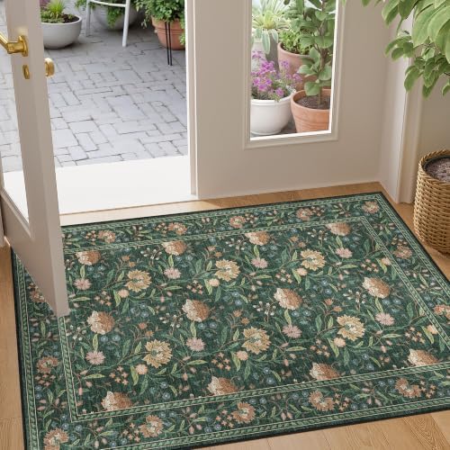 DUKINO 2x3 Rug, Washable Vintage Floral Bathroom Rugs Non Slip, Green by DUKINO