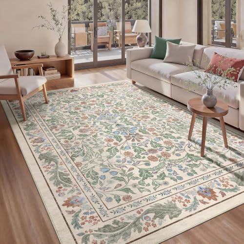 Floral 5x7 Area Rugs for Living Room, Machine Washable Vintage Rug Boho Low Pile Carpets Non Slip Soft Carpet for Farmhouse Bedroom Office Rugs, Kids Room, Nursery Room, Playroom, Beige by NEIGELUO