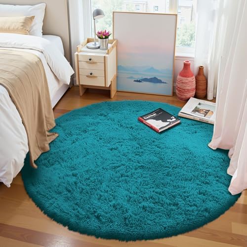 OLANLY Teal Round Rugs for Bedroom - Machine Washable, 4 ft Circle Area Rugs for Living Room, Soft and Fluffy Shaggy Carpet for Teen Girl and Boys, Nursery Rooms, Dorms, Home Decor Aesthetic - Image 3