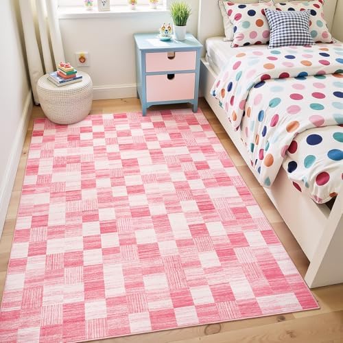 Terrug Pink and White Checkered Rug for Bedroom, 4x6 Washable Area Rugs by TerrugHomeDecor