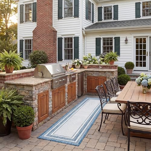 SAFAVIEH Washable Rug Outdoor Courtyard Collection - 2'3" x 18' Runner, Ivory & Navy, Non-Shedding & Easy Cleaning, Ideal for Patio, Entryway, Mudroom, Hallway, Kitchen (CY8475) by Unknown