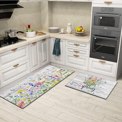 Spring Kitchen Rug Set of 2,Non-Slip Washable Kitchen Mats,Wood Grain Floral Kitchen Mats,Spring and Summer Holiday Decorations for Home Kitchen,17x30+17x47 Inch - Image 5