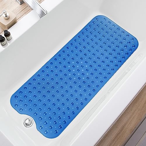TEESHLY Bathtub Mats for Shower Tub, Extra Long Non-Slip 39 x 16 Inch Bath Mat with Drain Holes and Suction Cups, BathMat for Bathroom with Machine Washable (Clear Blue) by TEESHLY