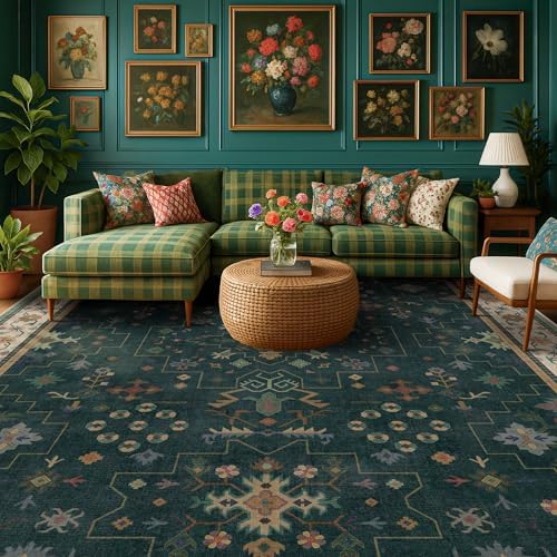 Hazo Haus Dark Green Vintage Living Room Rug 9x12 - Boho Unique Floral Victorian Decor, Washable Low Pile Non-Slip Extra Large Area Rugs for Dining Under Table Bedroom by HazoHaus