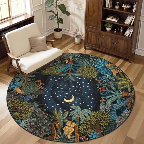 GarveeHome Round Area Rugs 8ft for Living Room, Large Green Jungle Washable Circle Rug Soft Non Slip Forest Animal Print Floor Mat Tiger Carpet Indoor Thin Rug for Bedroom Dining Room Playroom Nursery - Image 3