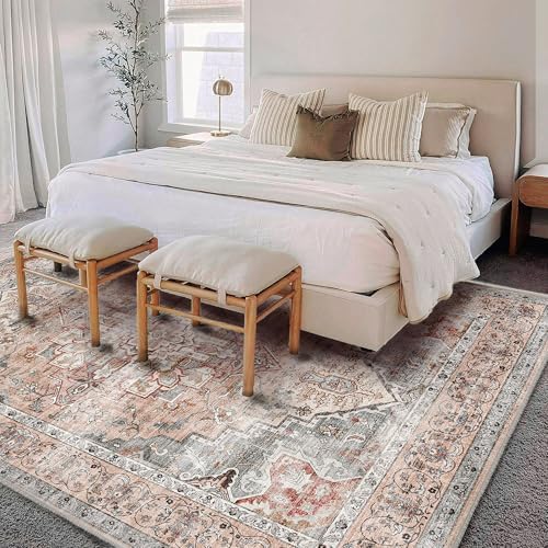 CHAMPLANT Washable Area Rug 8'x10' Light Cyan and Light red Retro Boho Design Non-Shedding Non-Slip Easy Care Ideal for High Traffic Areas in Living Room Bedroom Office Kitchen Large Carpet - Image 2