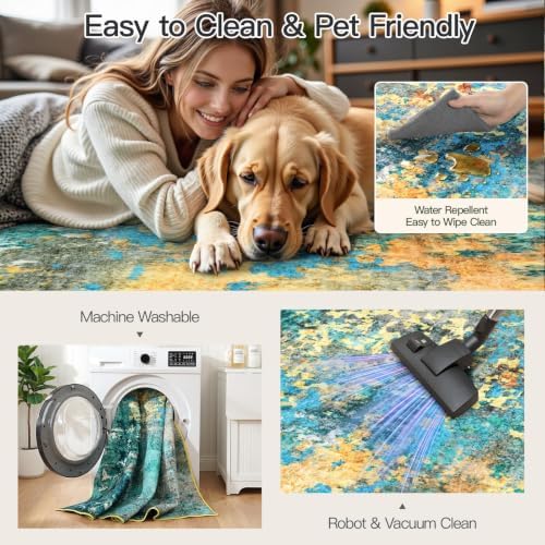 8x10 Area Rug for Living Room, Abstract Washable Large Rugs, Teal/Orange - Image 4