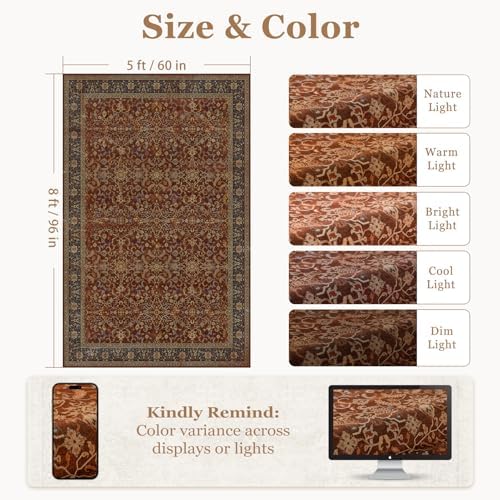 5x8 Washable Area Rugs, Low Pile Thin Print Living Room Bedroom Rug Non Slip, Vintage Maximalist Carpet Rugs for Dining Room Home Office Old Money Aesthetic, Deep Burnt Orange - Image 2
