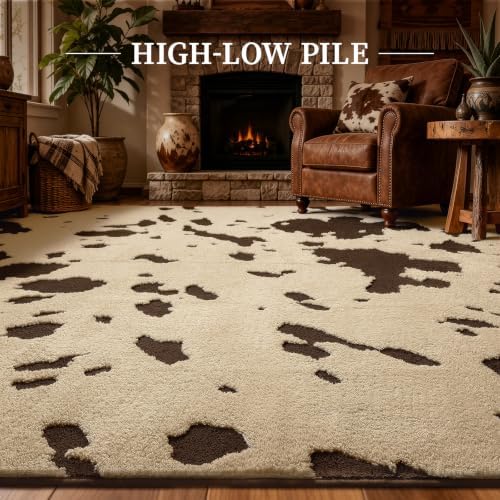 YIHOUSE Cowhide Entryway Rugs 3x5 Ft, Washable Plush Soft Brown and Cream Cow Rug, Non-Slip High-Low Pile Animal Small Area Carpet for Bedside, Living Room, Door Entrance, Home Decor - Image 3