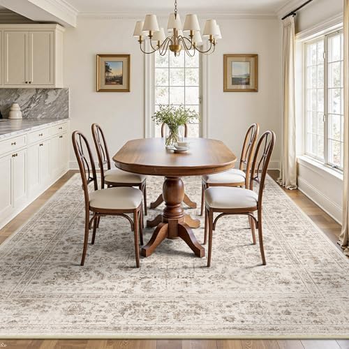 9x12 Area Rugs for Living Room, Washable Vintage Retro Floral Rug, Low Pile Non Slip Distressed Large Carpet for Bedroom, Dining Room, Office, Home (Light Brown) - Image 4