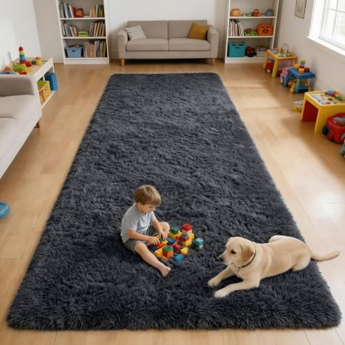 OLANLY 5x9 Machine Washable Large Area Rugs for Living Room, Bedroom, Soft Fluffy Shaggy Bedside Rug, Indoor Floor Carpet for Kids Girls and Boys, Dorms, Nursery, Home Decor Aesthetic, Black by OLANLY