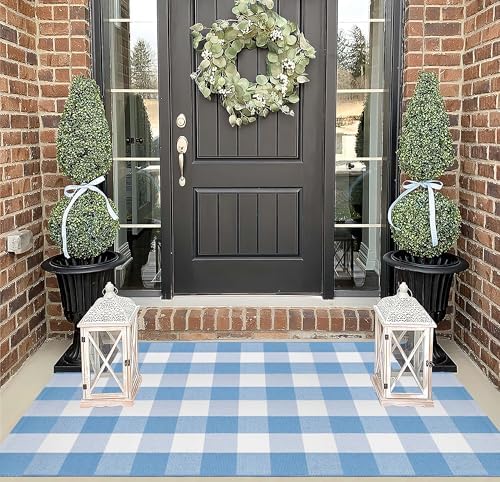 Washable 3'x5'Outdoor Rug, Light Blue White Buffalo Plaid Front Door Mat - Image 4