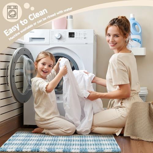 TYUU Waffle Runner Rug Bathroom, Long Cute Bath Mat, 72x24 Blue & White - Image 5