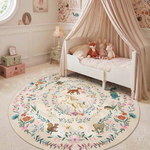 jinchan 6ft Round Kids Rug Washable Whimsical Nursery Playroom Rug, Cream - Image 2