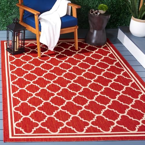 SAFAVIEH Washable Rug Outdoor Courtyard Collection - 4' x 5'7", Red & Bone, Non-Shedding & Easy Cleaning, Ideal for Patio, Backyard, Mudroom (CY6918-248) by Unknown