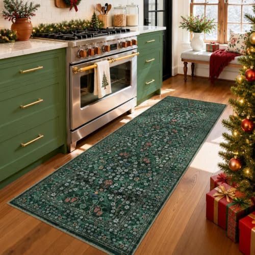 GarveeHome Dark Green Floral 2x6 Washable Kitchen Runner Rug by GarveeHome