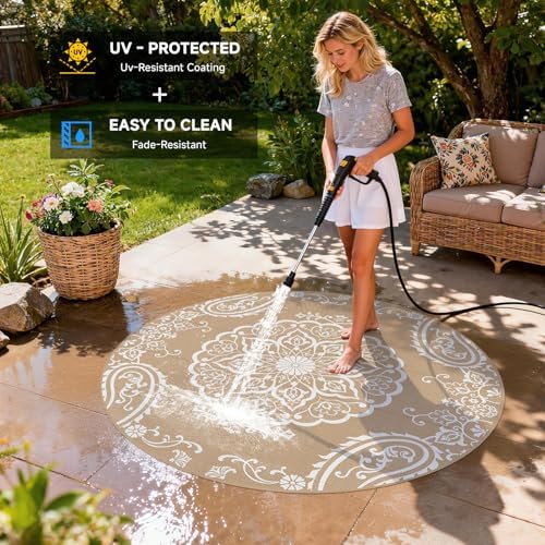 Pauwer Outdoor Rug 6ft, Waterproof Plastic Straw Camping Rug, Boho Brown - Image 4