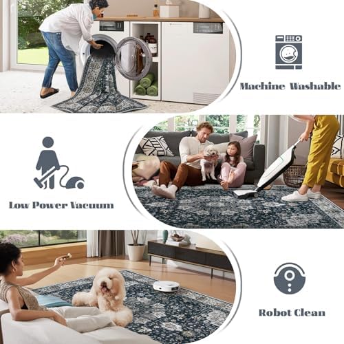 Area Rug 6x9 Washable Rug, Vintage Boho Medallion Rugs Non-Slip Soft Low Pile Large Distressed Rug Indoor Retro Carpet for Living Room Bedroom Dining Room Home Office (Vintage Black, 6'x9') - Image 5