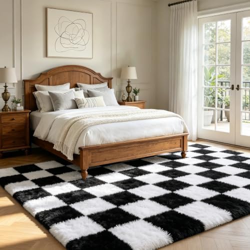 Checkered Area Rugs for Bedroom Living Room,8x10 Black and White Fluffy Soft Checkered Rug Fuzzy Shag Shaggy Carpet, Indoor Plush Floor Rugs for Teen Dorm Home Decor - Image 3