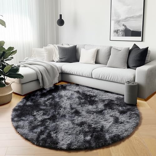 ONASAR Tie-Dyed Dark Grey Round Area Rugs 5ft, Ultra Soft Bedroom Circle Rug for Kids Girls Teen Room, Fluffy Plush Shaggy Carpet Floor Mats for Baby Nursery Living Room Playroom Home Decor - Image 5