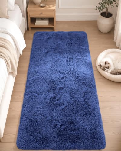 OLANLY 2x5 Machine Washable Runner Rugs for Hallway, Soft Fluffy Shaggy Bedside Rugs for Bedroom, Living Room, Indoor Floor Carpet for Kids Girls Boys, Nursery Rooms, Home Decor Aesthetic, Navy Blue by OLANLY