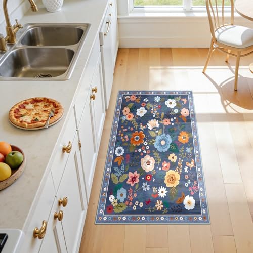 Floral Washable 2x4 Area Rugs Runner Entryway Hallway Blue/Grey - Image 3