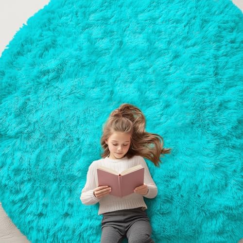 OLANLY Teal Blue Round Rugs for Bedroom - Machine Washable, 8 ft Circle Area Rugs for Living Room, Soft and Fluffy Shaggy Carpet for Teen Girls and Boys, Nursery Rooms, Dorms, Home Decor Aesthetic by OLANLY