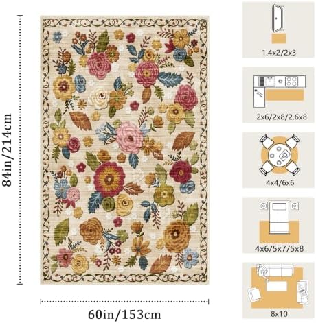 Washable 5x7 Area Rug, Beige Boho Floral Non-Slip for Living Room, Bedroom - Image 2