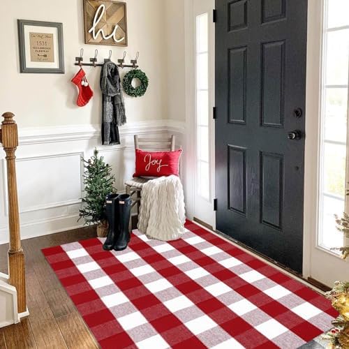 Christmas Door Mat Outdoor 35.4''x59'' Buffalo Plaid Christmas Decor Rug Cotton Hand-Woven Layered Door Mats Washable Carpet for Front Porch, Kitchen, Farmhouse, Entryway - Image 6