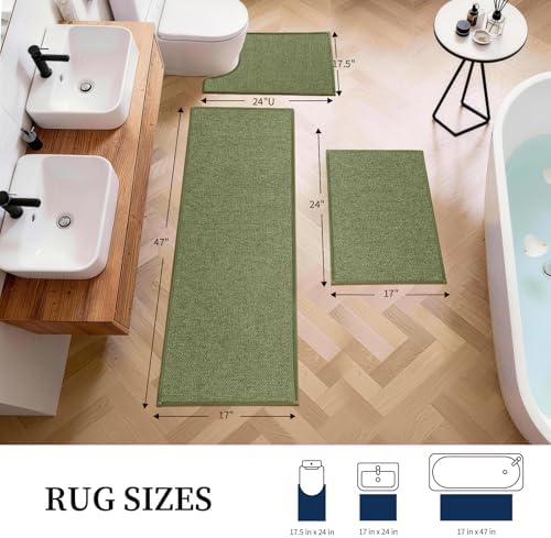 YIHOUSE Green Bathroom Rugs Sets 3 Piece, Quick Dry Thin Bath Mat with Toilet Rug, Non Slip Absorbent Machine Washable, Bath Runner Rugs for Bathtub Sink Home Decor - Image 2