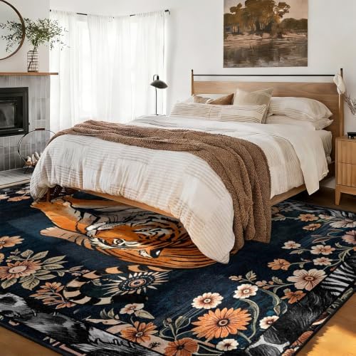 Vintage Tiger Floral Area Rug 9x12 Jungle Non Slip Large Carpet - Image 4