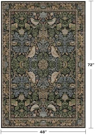 Washable 4x6 Area Rug for Living Room - Soft Moody Rug for Kitchen, Office, Large Entryway, Rustic Botanical Decor, Non-Slip Low Pile Dark Green and Brown Ultra Soft Bird Carpet - Image 2