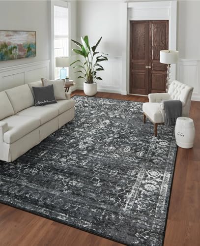 Morebes Vintage 8x10 Area Rugs for Living Room, Washable Black Rugs for Bedroom Farmhouse Non-Slip, Soft Distressed Indoor Floor Boho Carpet for Dining Room Playroom Home Office by Morebes