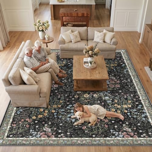 12x12 Square Area Rug Living Room: Boho Floral Washable Mat for Dining Room Bedroom Office High Traffic Area Soft Non Slip Low Pile Indoor Carpet for Vintage Farmhouse Home Decor (12ft Square, Black) - Image 5