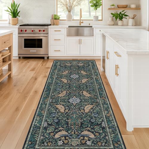 Hazo Haus Blue Boho 2'6"x10' Long Hallway Runner Rug - Vintage Floral Botanical Bird Runner Rug for Kitchen Floor, Laundry Room, Bedroom, Entrance, Washable Non Slip Low Pile - Image 3