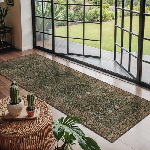 Bavni 2'6" x 6' Kitchen Runner Rug, Washable Non Slip, Dark Green Brown - Image 2