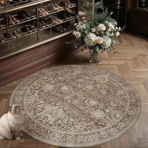 HUGEAR 5x5 Round Rugs Brown Vintage Rug for Living Room by HUGEAR