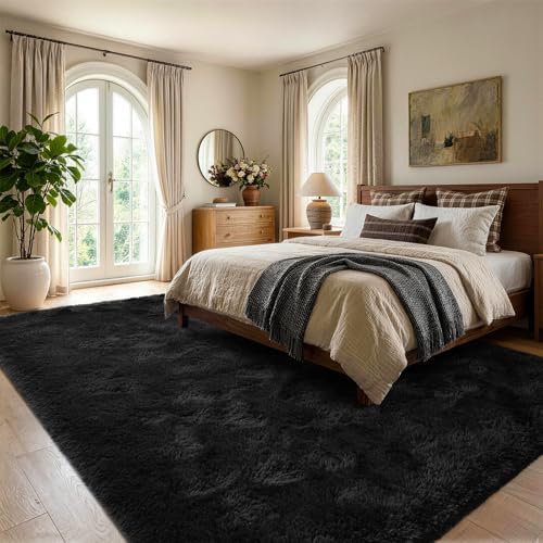 5'3''x7'5'' Black Fluffy Soft Area Rug Non-Slip for Living Room Bedroom - Image 3
