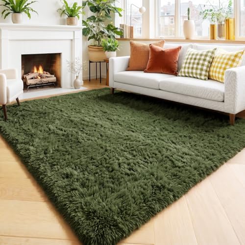 Amdrebio Olive Green Shag Plush Area Rug 4x6 for Bedroom Living Room Dorm by Amdrebio