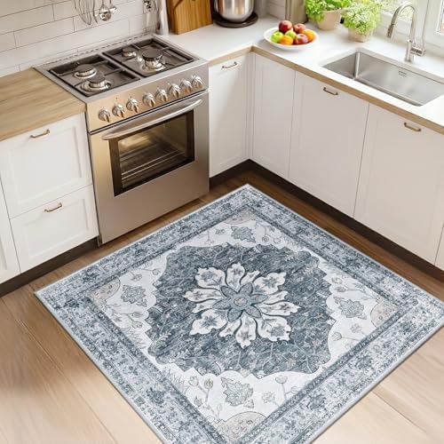 RELEANY Washable Area Rug, Square 4'x4', Grey/White/Beige by RELEANY