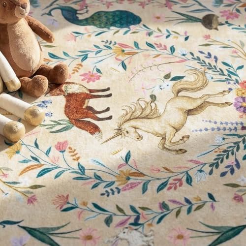 jinchan 5x7 Kids Rug Washable Unicorn Nursery Rug Cute Girls Bedroom, Cream - Image 4