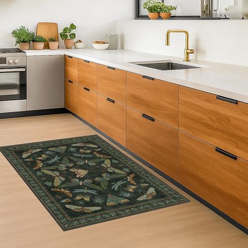 Washable 2x4 Rug Runner, Small Runners for Entryway Indoor, Kitchen, Bathroom, Dark Green Insect Boho Design, Non Slip Stain Resistant - Image 3