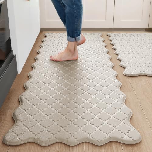 Arenarug Upgrade Scalloped Kitchen Mats for Floor 2PC, Khaki Kitchen Rugs by ArenaRug