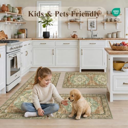 Boho Kitchen Rug Set of 3: Non-Skid Washable Kitchen Mats for Floor Soft Low Pile Kitchen Rugs and Runner for Entryway Bathroom Hallway Indoor Small Carpet Home Decor for Laundry (Green,2x3+2x4+2x5) - Image 6