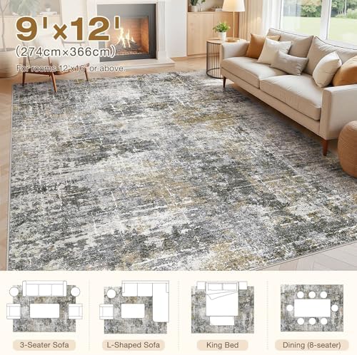 kakania Abstract 9x12 Area Rugs for Living Room: Washable Rugs Black Gold - Image 2